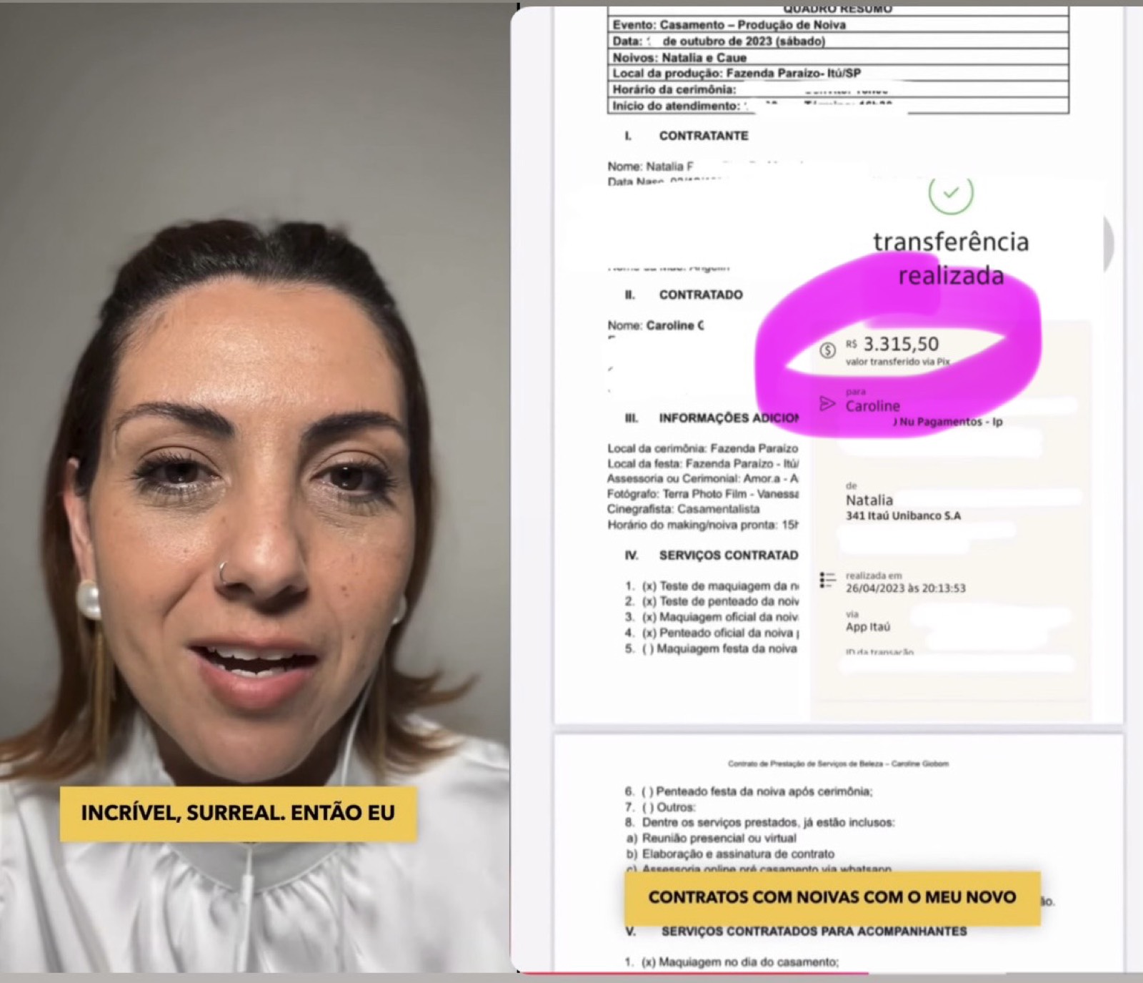 Aluna mostrando contrato de noiva e transferência de R$3.315,50 via Pix